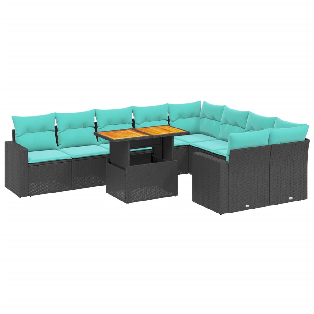 10 Piece Patio Sofa Set with Cushions Black Poly Rattan