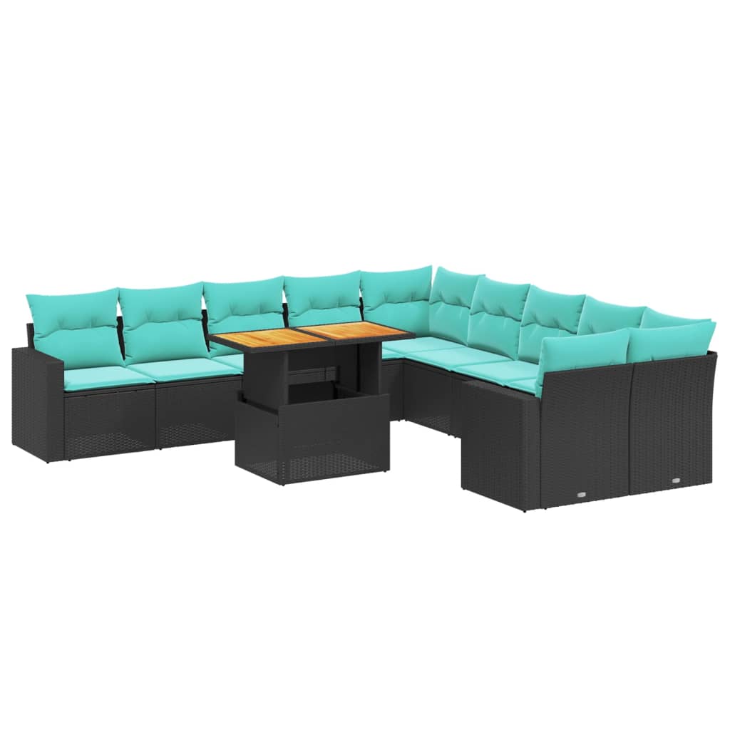 11 Piece Patio Sofa Set with Cushions Black Poly Rattan
