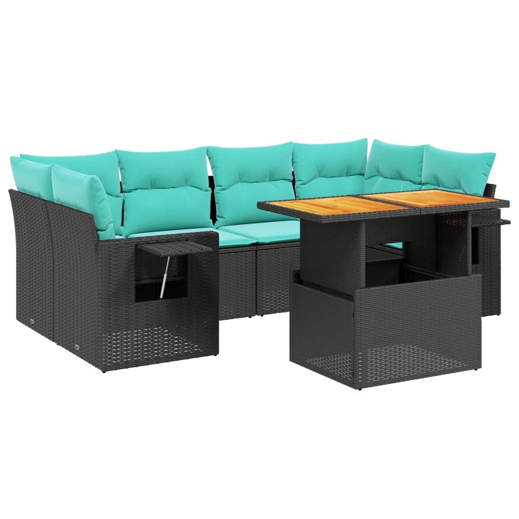 7 Piece Patio Sofa Set with Cushions Black Poly Rattan