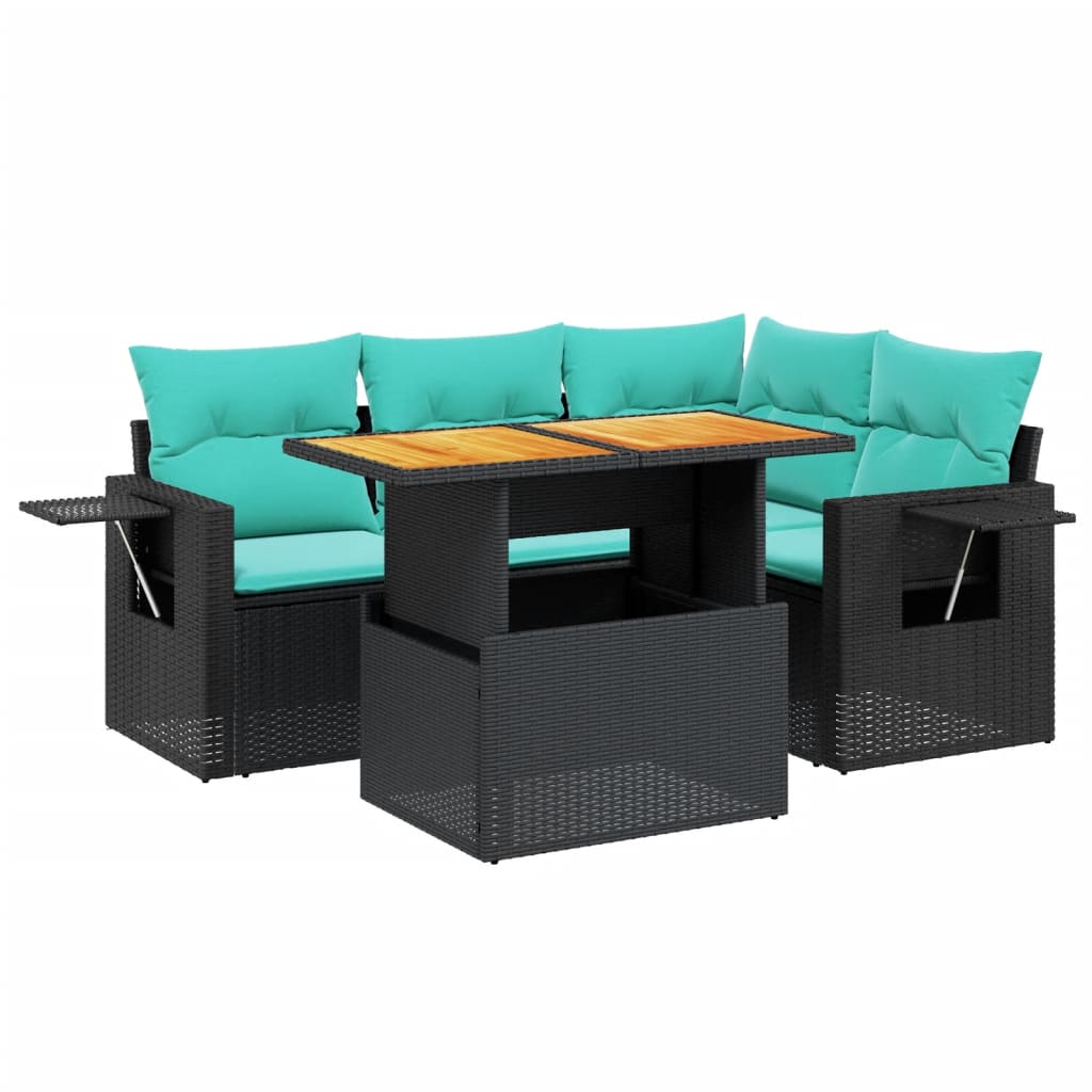 5 Piece Patio Sofa Set with Cushions Black Poly Rattan