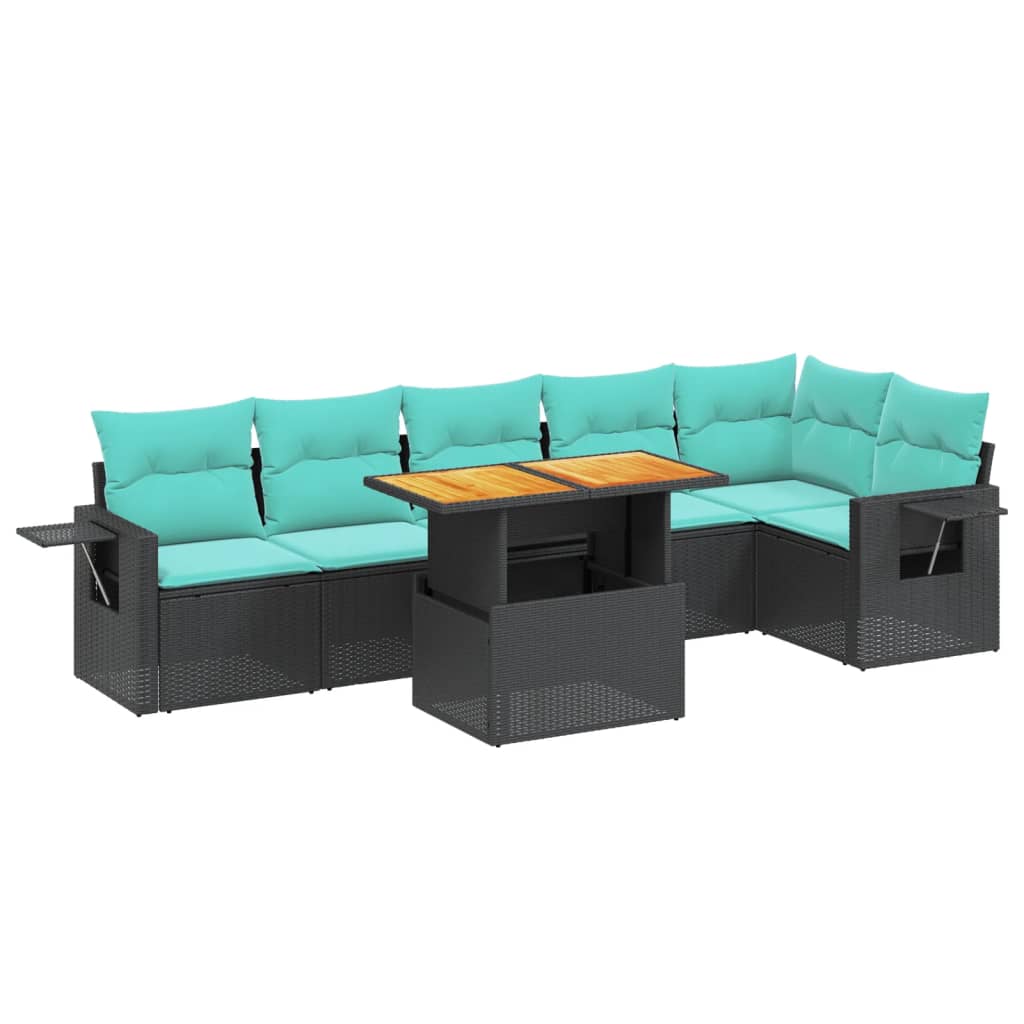 7 Piece Patio Sofa Set with Cushions Black Poly Rattan