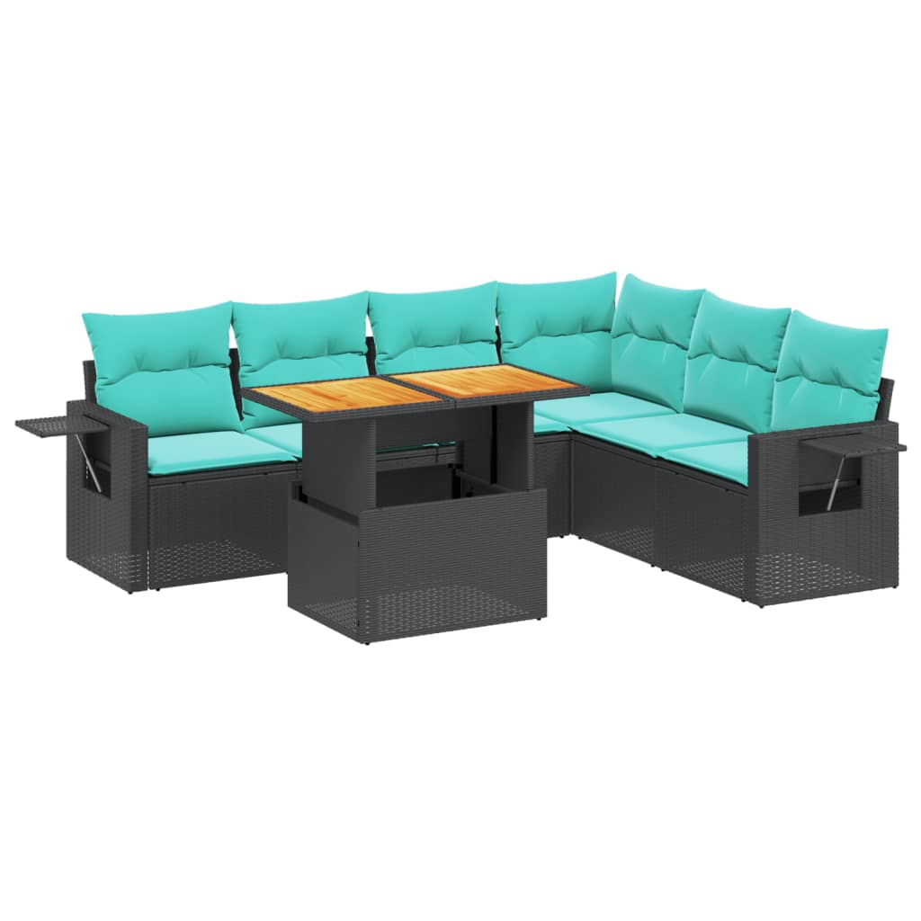 7 Piece Patio Sofa Set with Cushions Black Poly Rattan