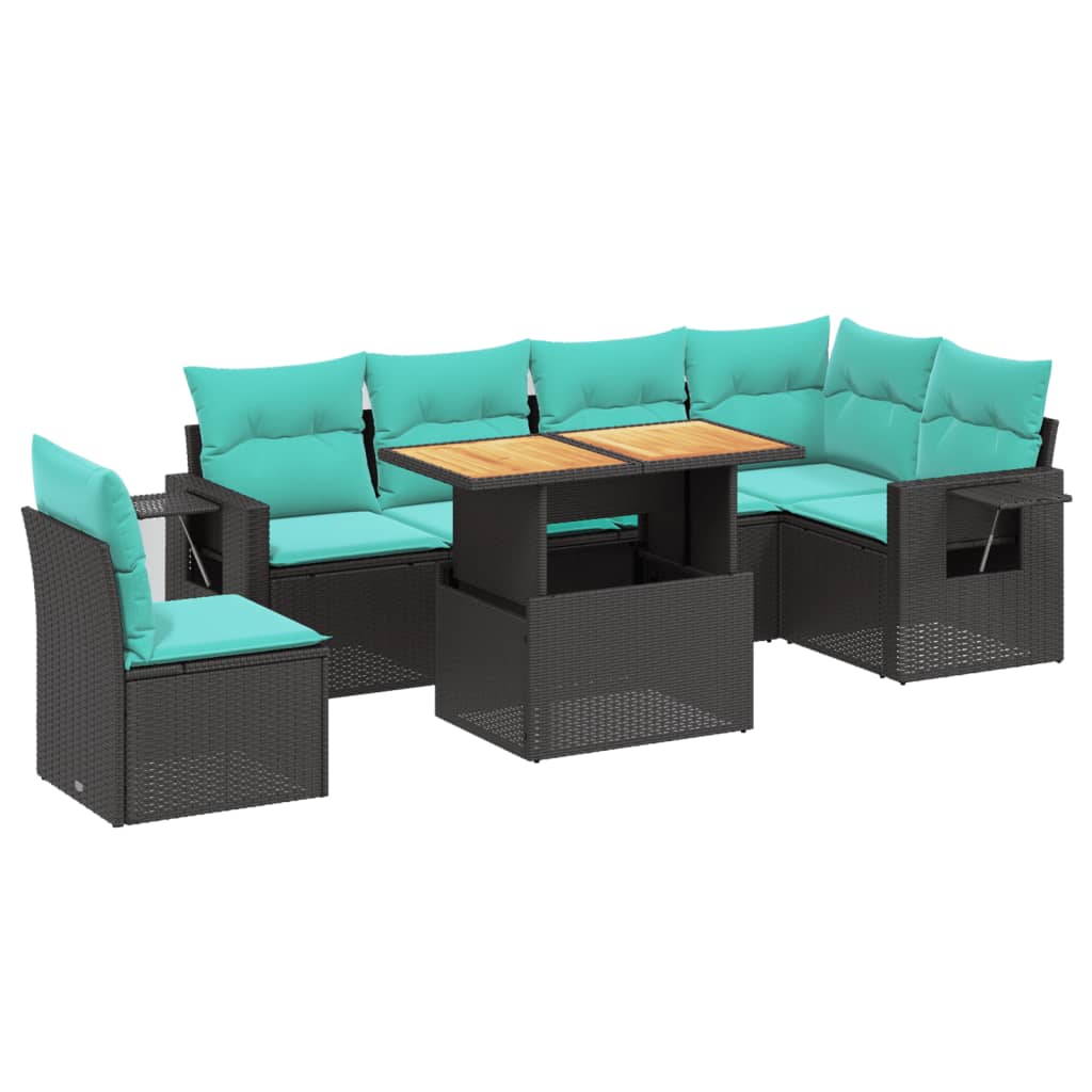 7 Piece Patio Sofa Set with Cushions Black Poly Rattan
