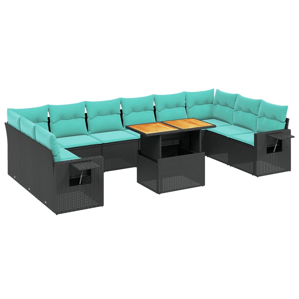 11 Piece Patio Sofa Set with Cushions Black Poly Rattan