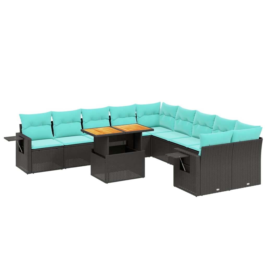 11 Piece Patio Sofa Set with Cushions Black Poly Rattan