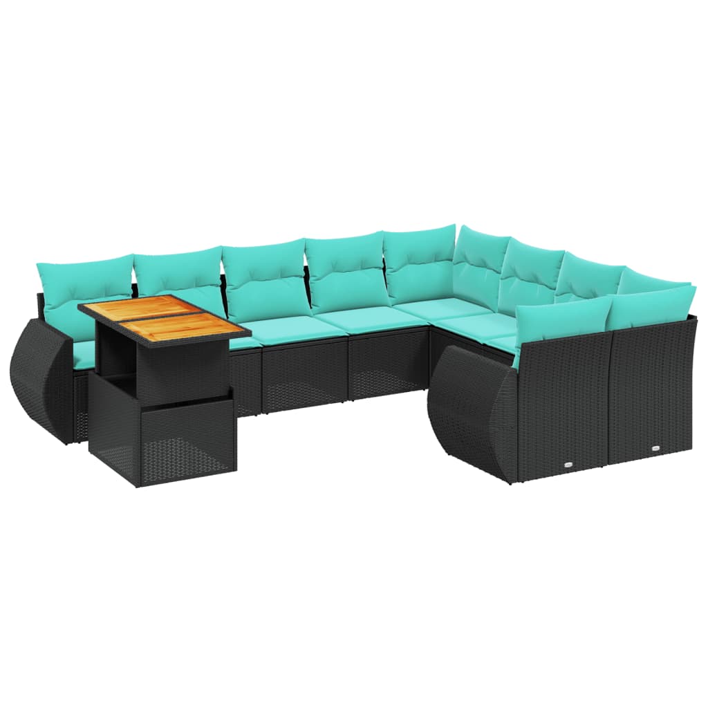 10 Piece Patio Sofa Set with Cushions Black Poly Rattan