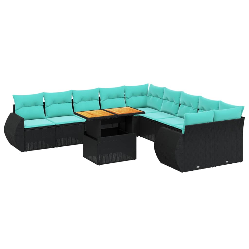 11 Piece Patio Sofa Set with Cushions Black Poly Rattan
