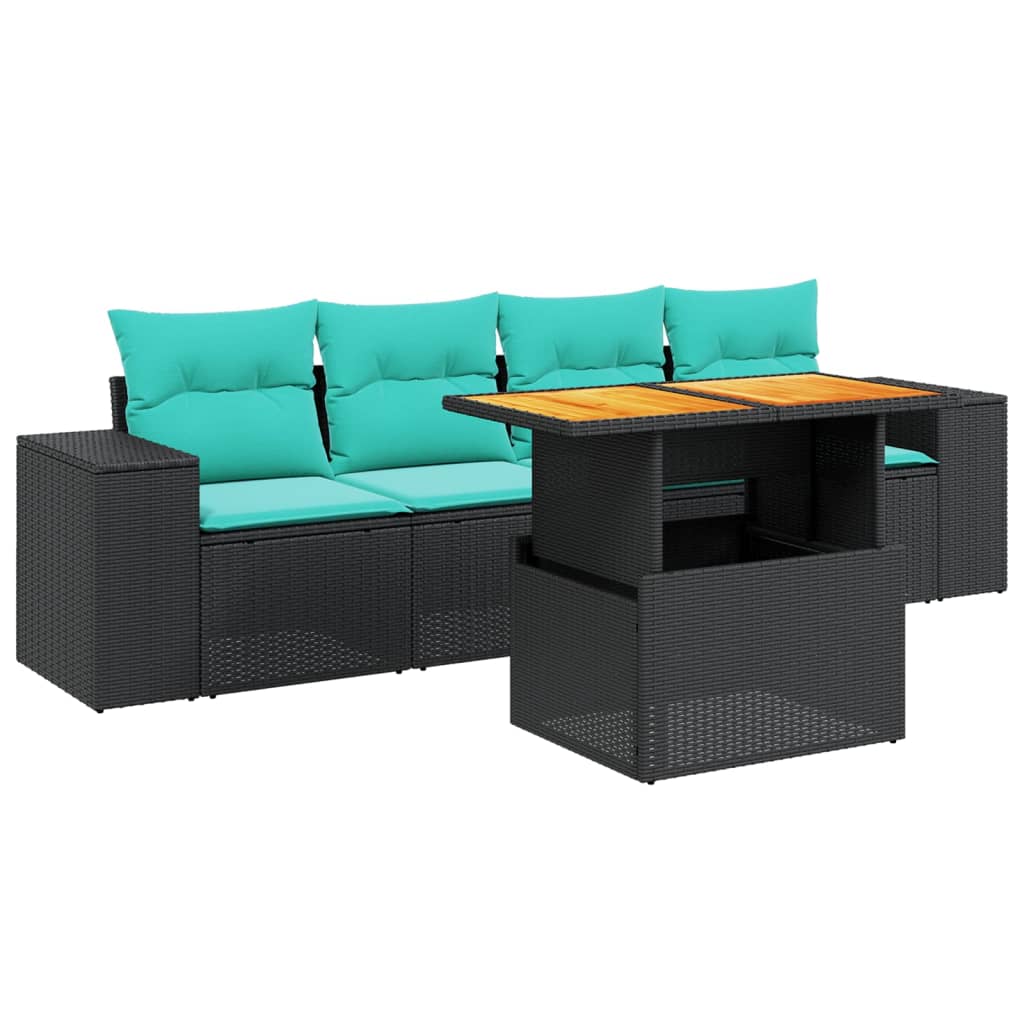5 Piece Patio Sofa Set with Cushions Black Poly Rattan