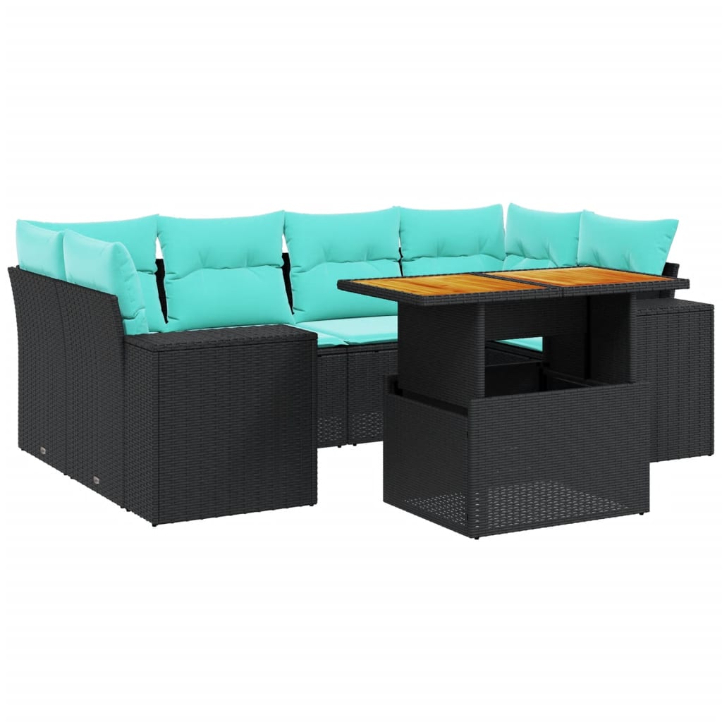 7 Piece Patio Sofa Set with Cushions Black Poly Rattan
