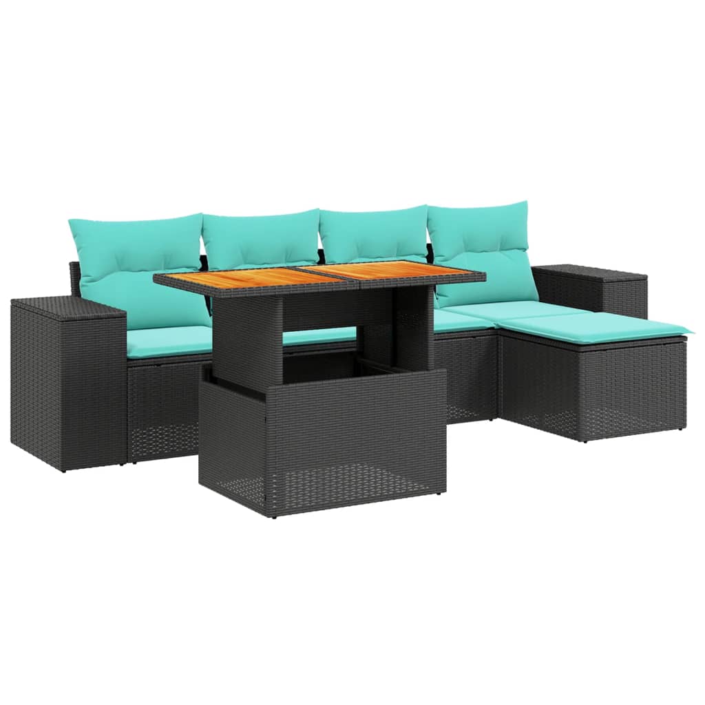 6 Piece Patio Sofa Set with Cushions Black Poly Rattan