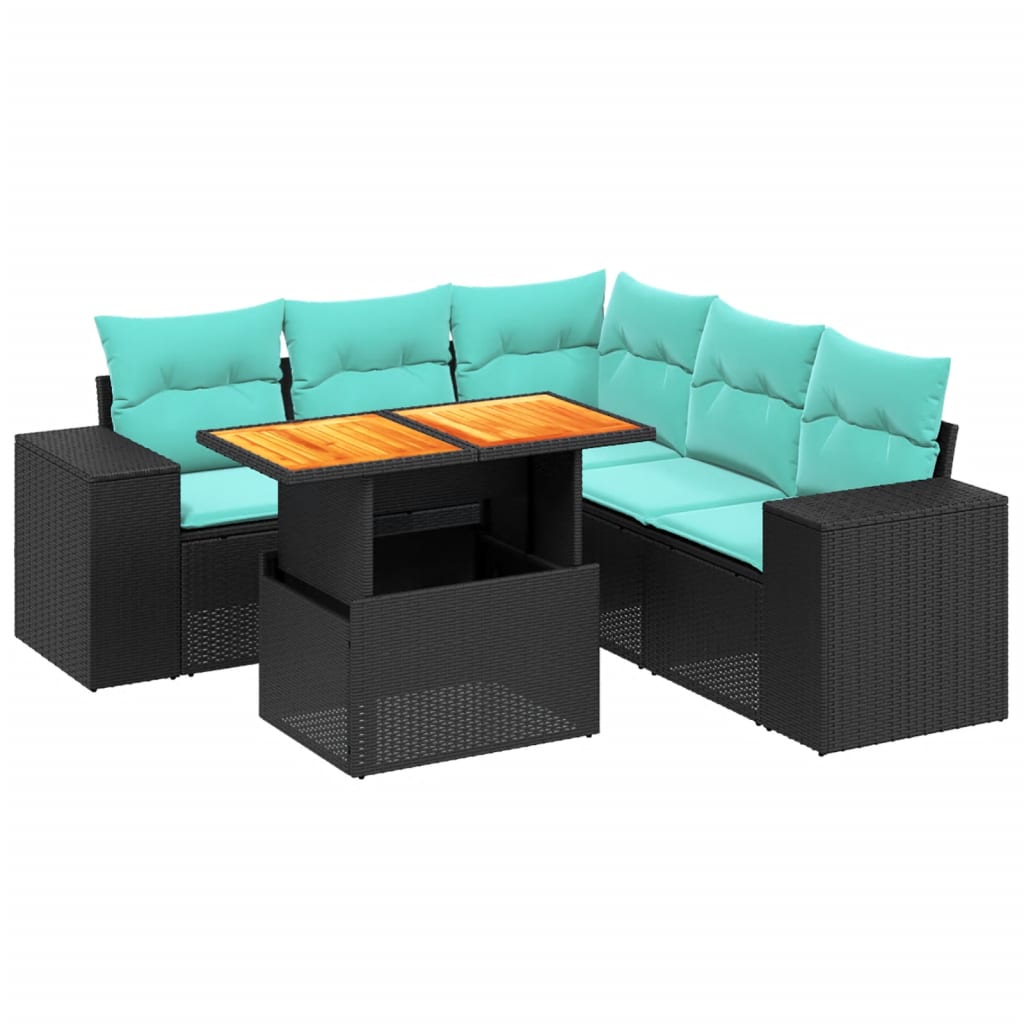 6 Piece Patio Sofa Set with Cushions Black Poly Rattan