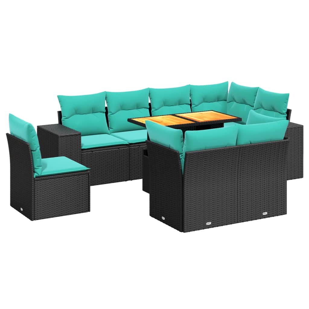9 Piece Patio Sofa Set with Cushions Black Poly Rattan