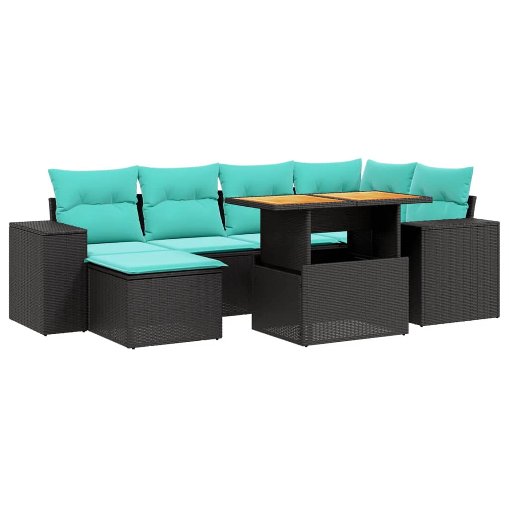 7 Piece Patio Sofa Set with Cushions Black Poly Rattan