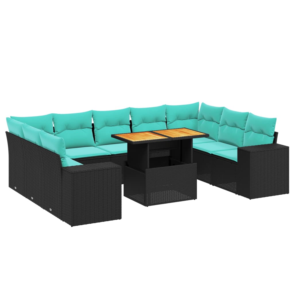 10 Piece Patio Sofa Set with Cushions Black Poly Rattan