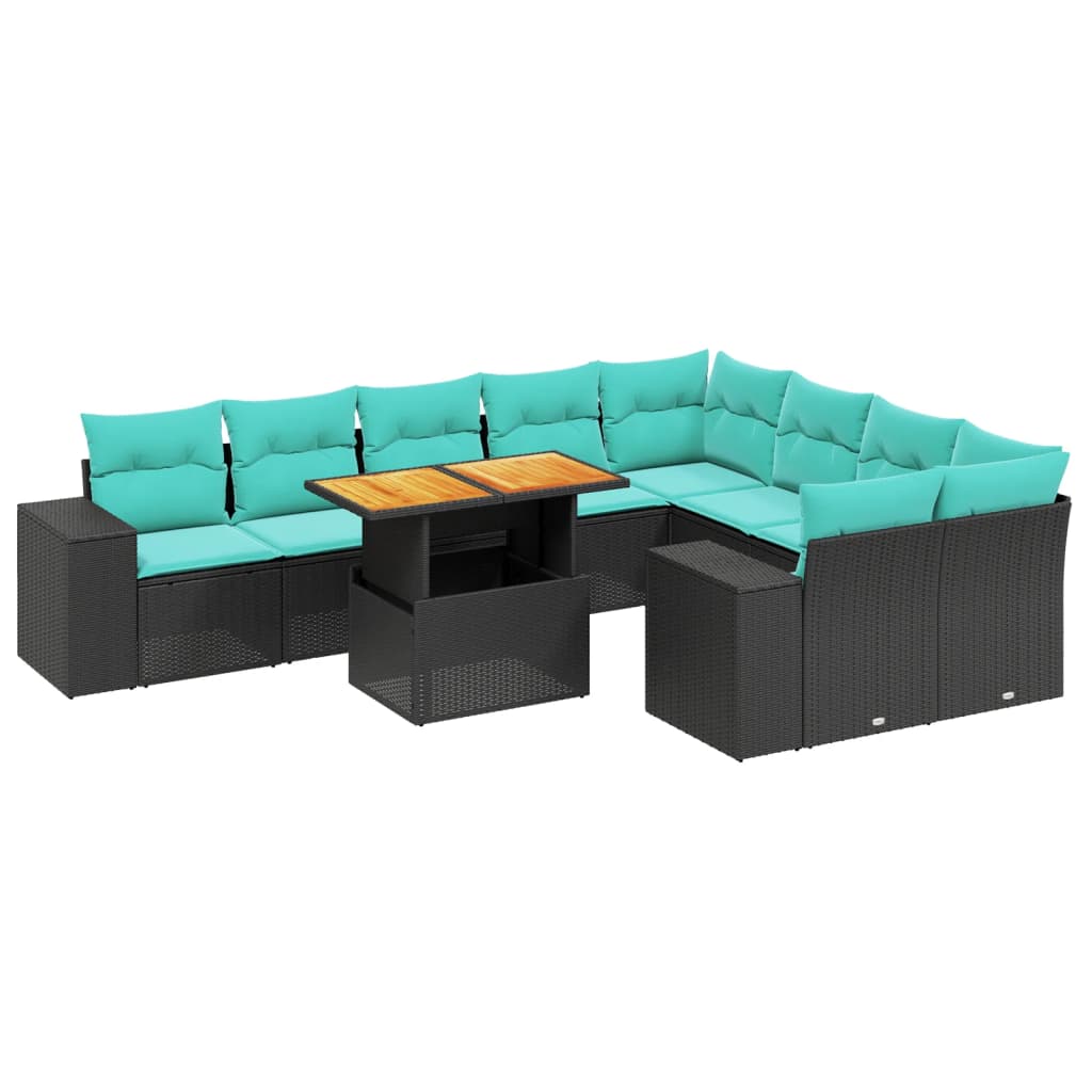 10 Piece Patio Sofa Set with Cushions Black Poly Rattan