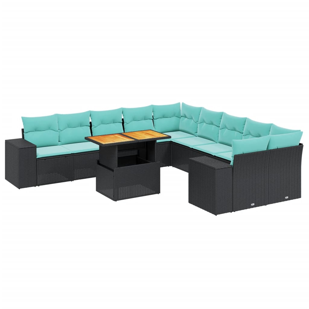 11 Piece Patio Sofa Set with Cushions Black Poly Rattan