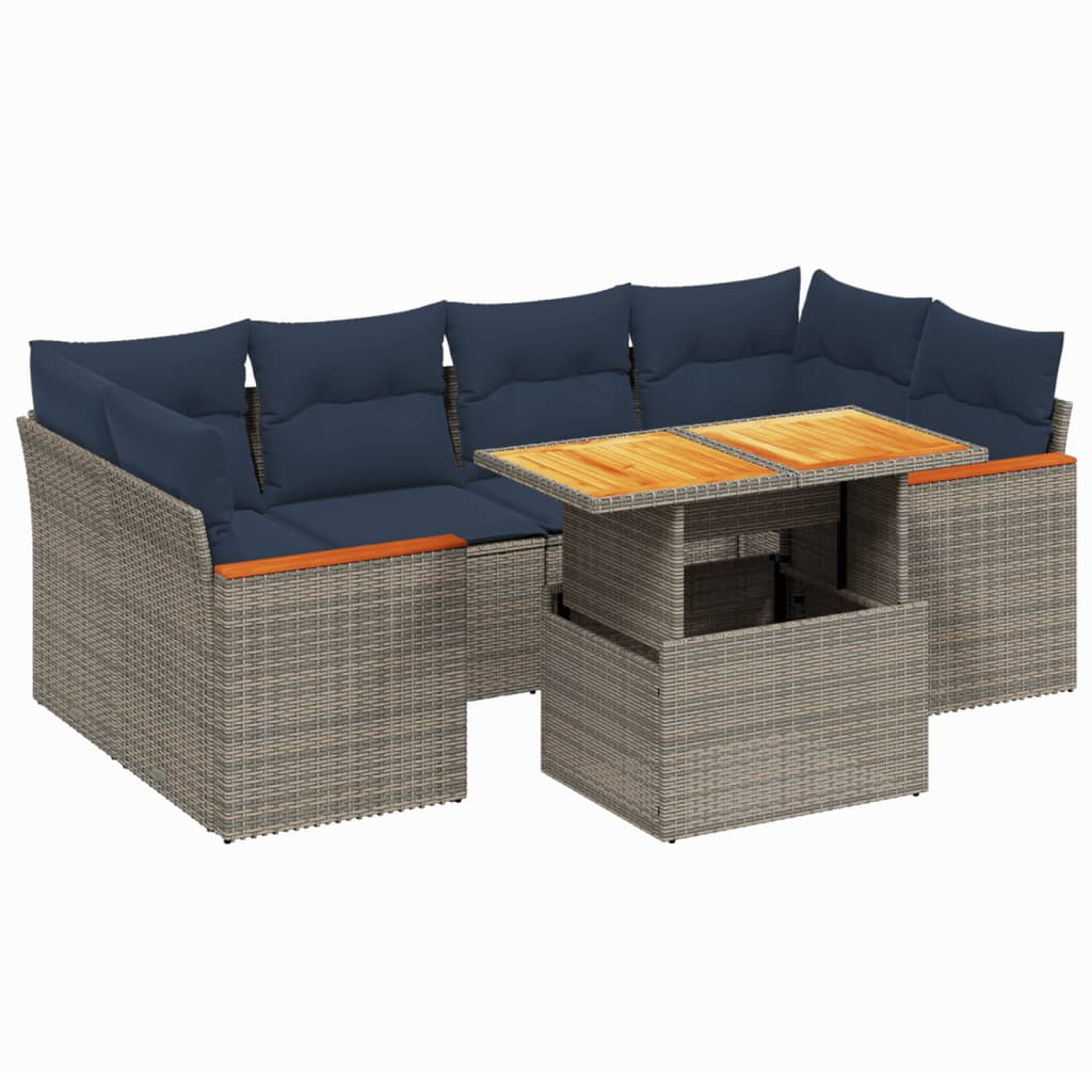 7 Piece Patio Sofa Set with Cushions Gray Poly Rattan