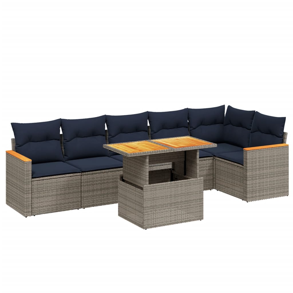 7 Piece Patio Sofa Set with Cushions Gray Poly Rattan