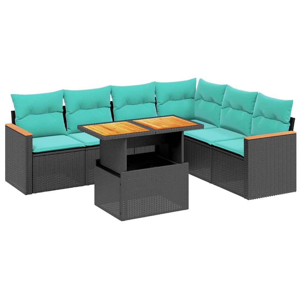 7 Piece Patio Sofa Set with Cushions Black Poly Rattan