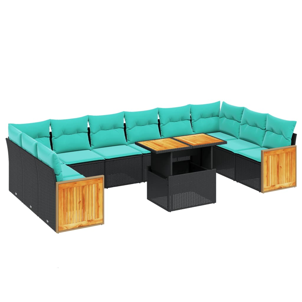 11 Piece Patio Sofa Set with Cushions Black Poly Rattan
