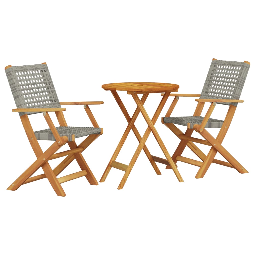 Bistro Set Grey and Natural Wood Solid acacia wood, PE rattan Small
