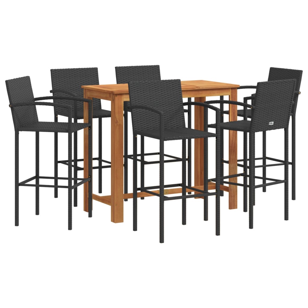 Garden Bar Set Black Poly Rattan, Solid Acacia Wood Large