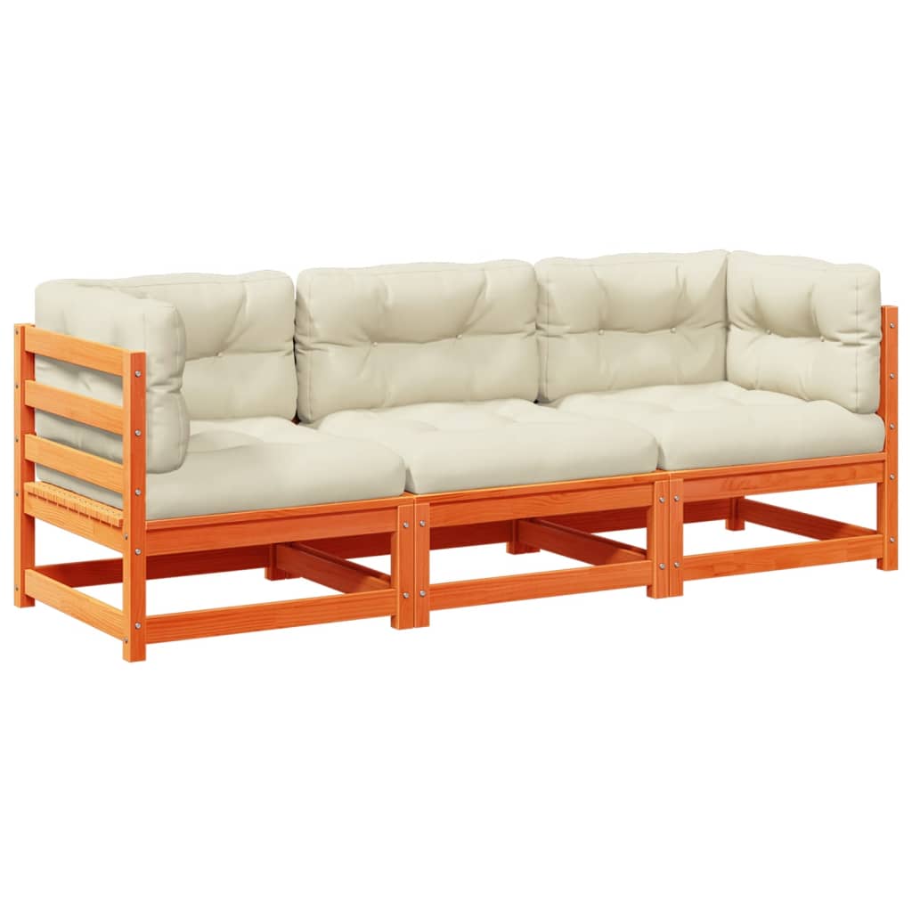 3 Piece Patio Sofa Set with Cushions Wax Brown Solid Wood Pine