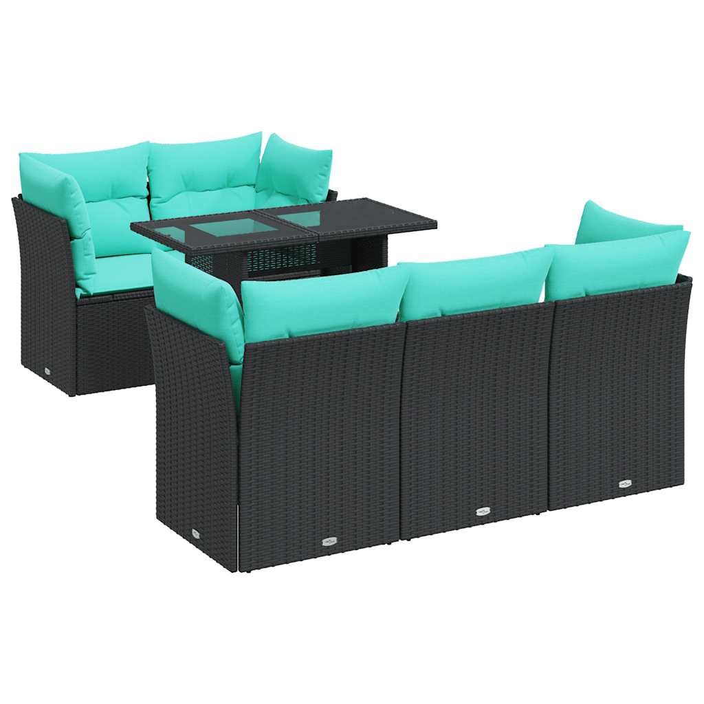 6 Piece Patio Sofa Set with Cushions Black Poly Rattan Acacia