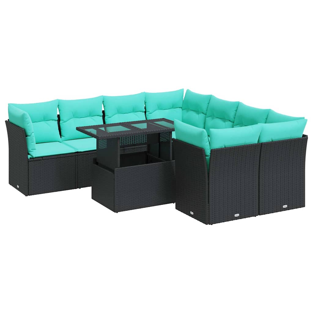 9 Piece Patio Sofa Set with Cushions Black Poly Rattan Acacia