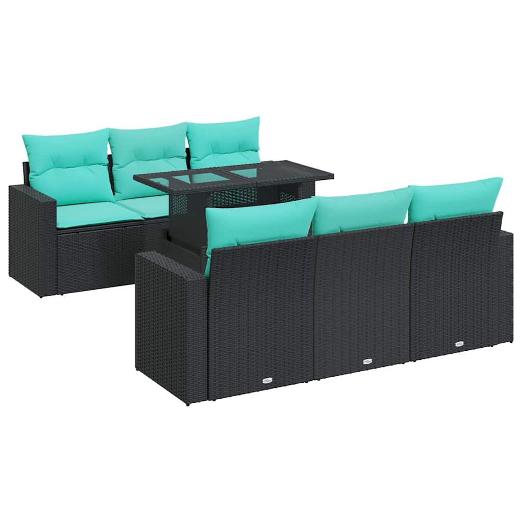 7 Piece Patio Sofa Set with Cushions Black Poly Rattan Acacia