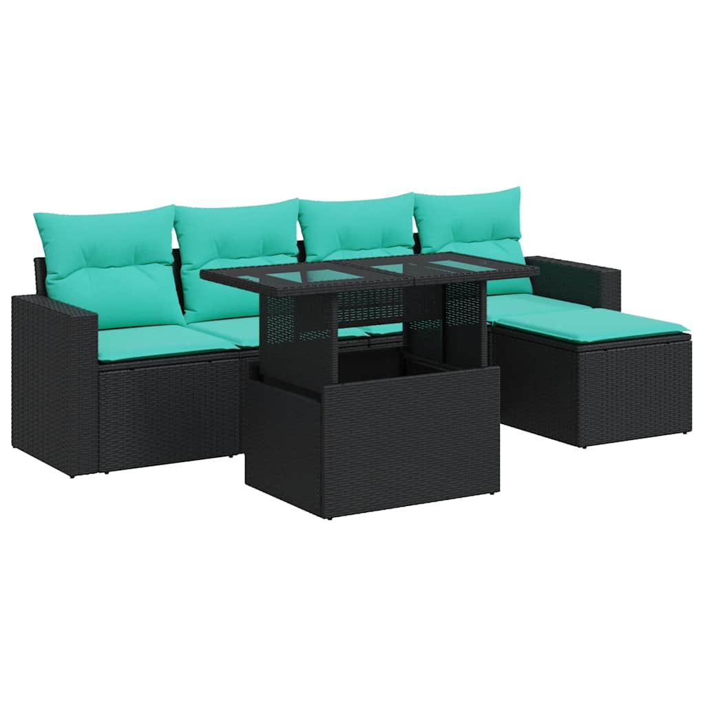 6 Piece Patio Sofa Set with Cushions Black Poly Rattan Acacia