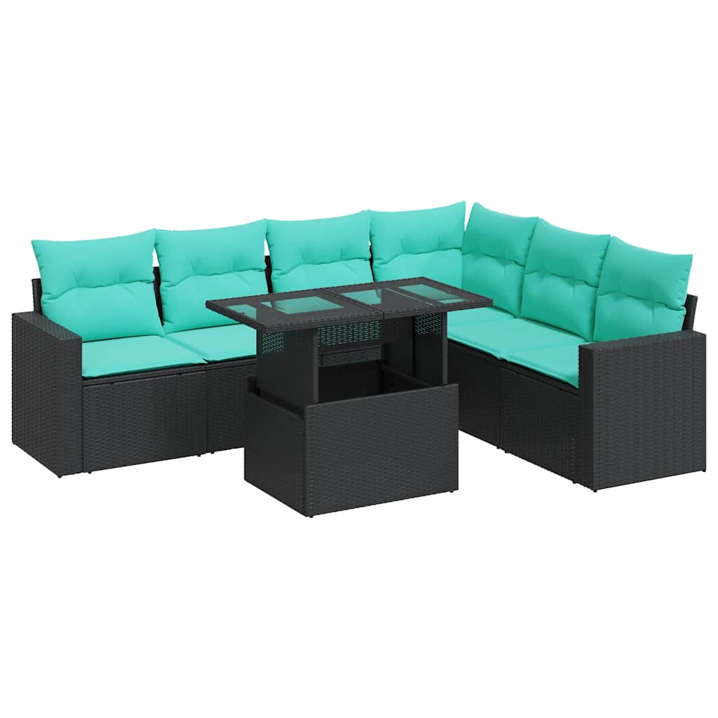 7 Piece Patio Sofa Set with Cushions Black Poly Rattan Acacia