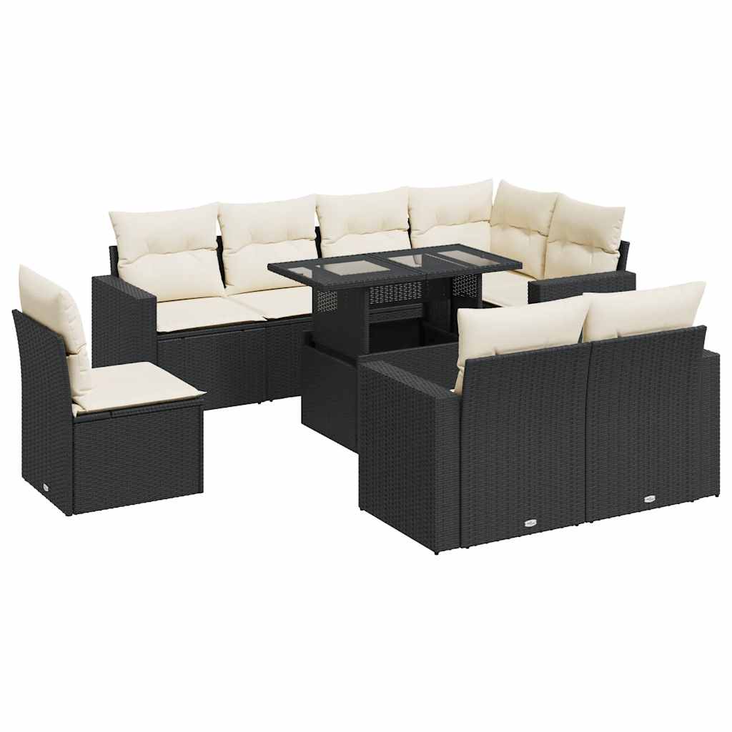Garden Sofa Set Black PE Rattan, Powder-Coated Steel, Polyester, Foam