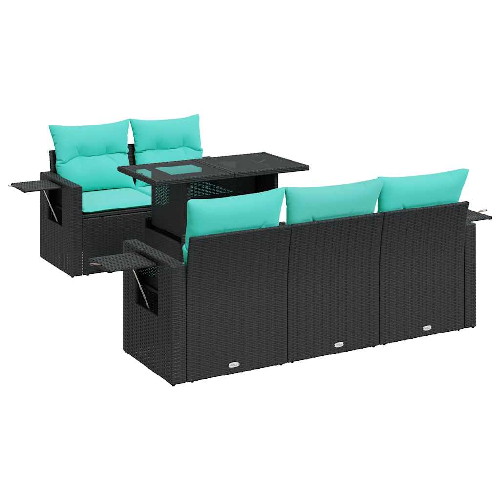6 Piece Patio Sofa Set with Cushions Black Poly Rattan Acacia