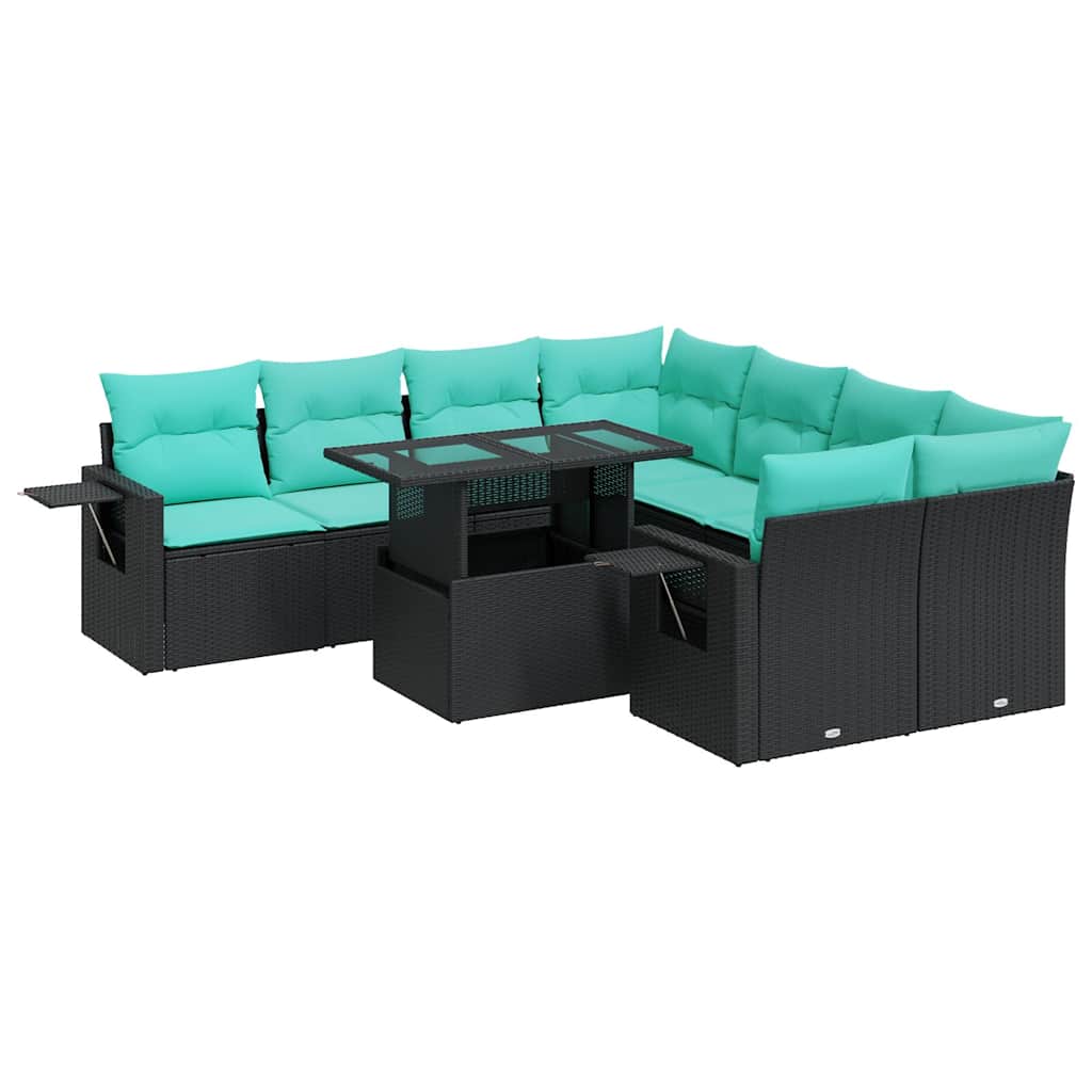 9 Piece Patio Sofa Set with Cushions Black Poly Rattan Acacia