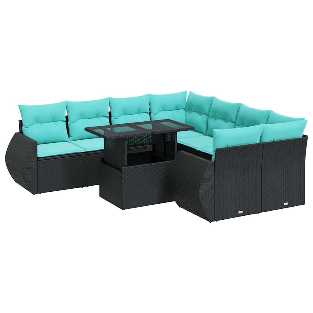 9 Piece Patio Sofa Set with Cushions Black Poly Rattan Acacia