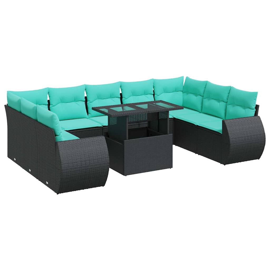 10 Piece Patio Sofa Set with Cushions Black Poly Rattan Acacia