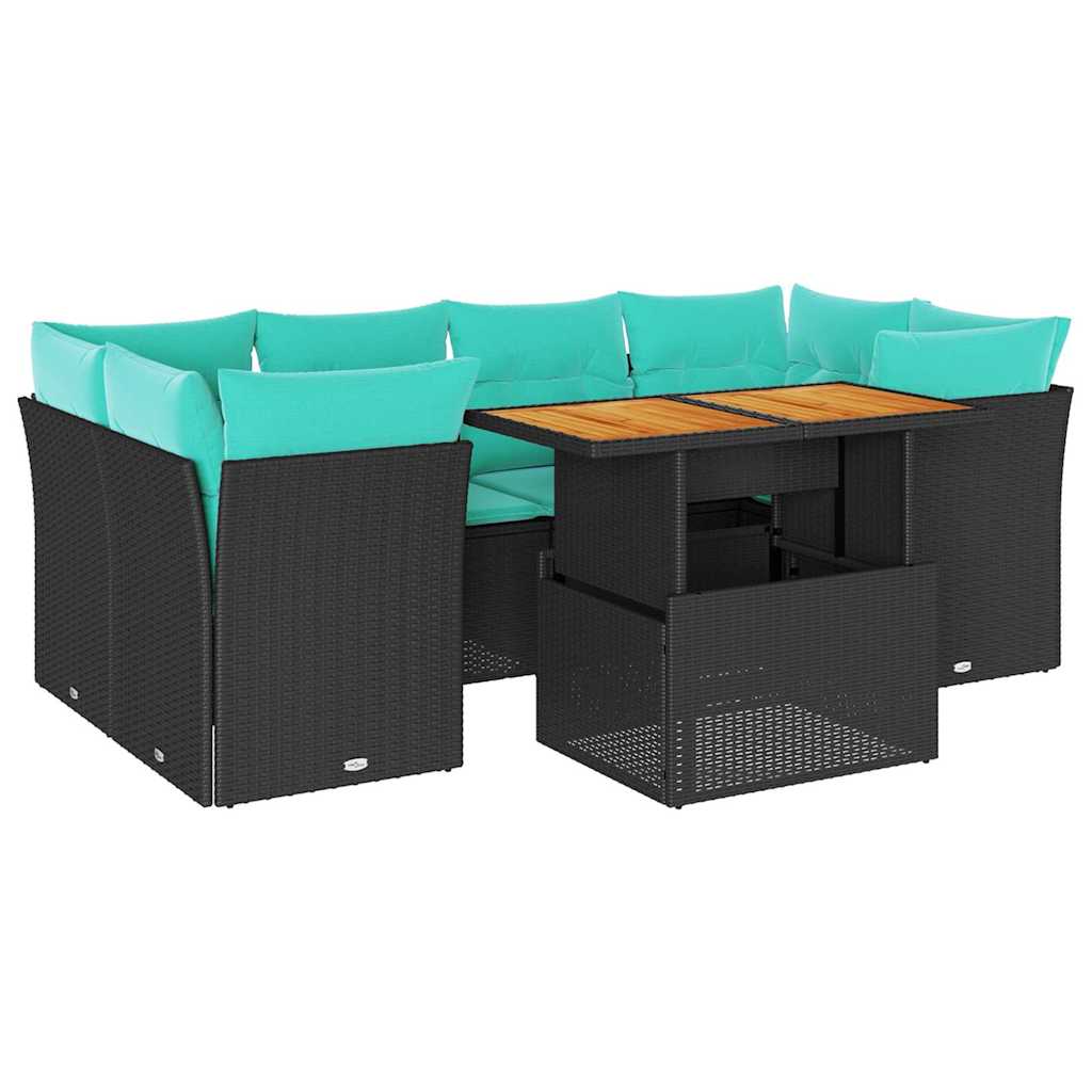 7 Piece Patio Sofa Set with Cushions Black Poly Rattan