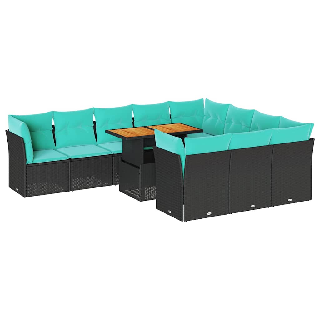 11 Piece Patio Sofa Set with Cushions Black Poly Rattan