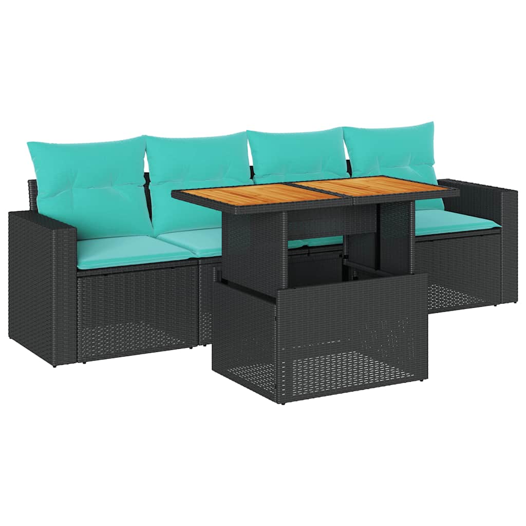5 Piece Patio Sofa Set with Cushions Black Poly Rattan