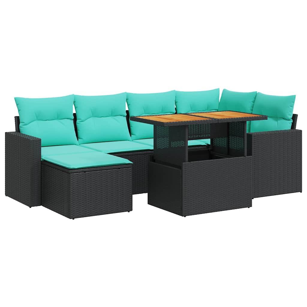 7 Piece Patio Sofa Set with Cushions Black Poly Rattan