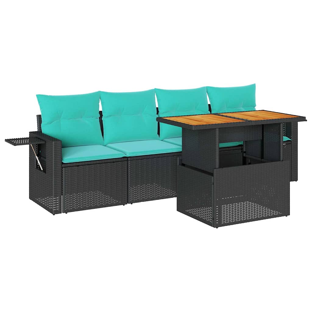 5 Piece Patio Sofa Set with Cushions Black Poly Rattan