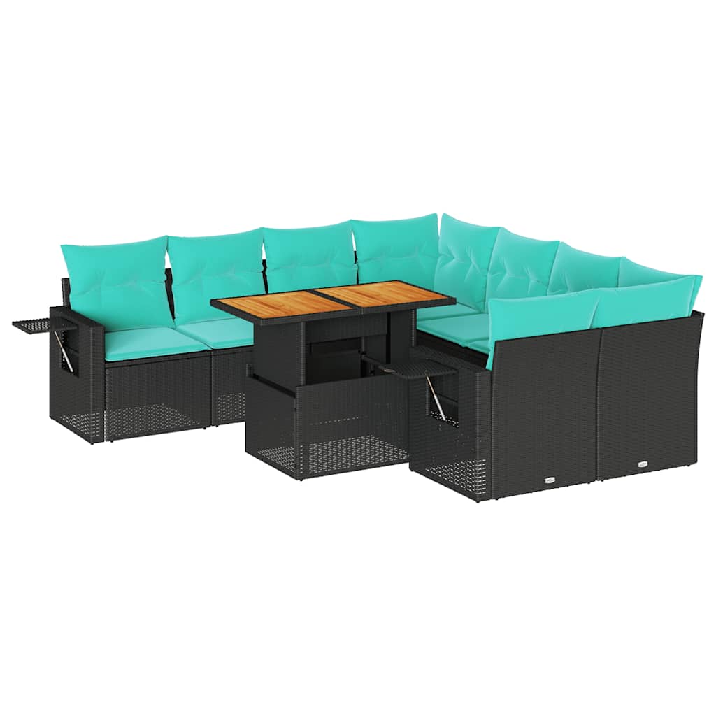 9 Piece Patio Sofa Set with Cushions Black Poly Rattan