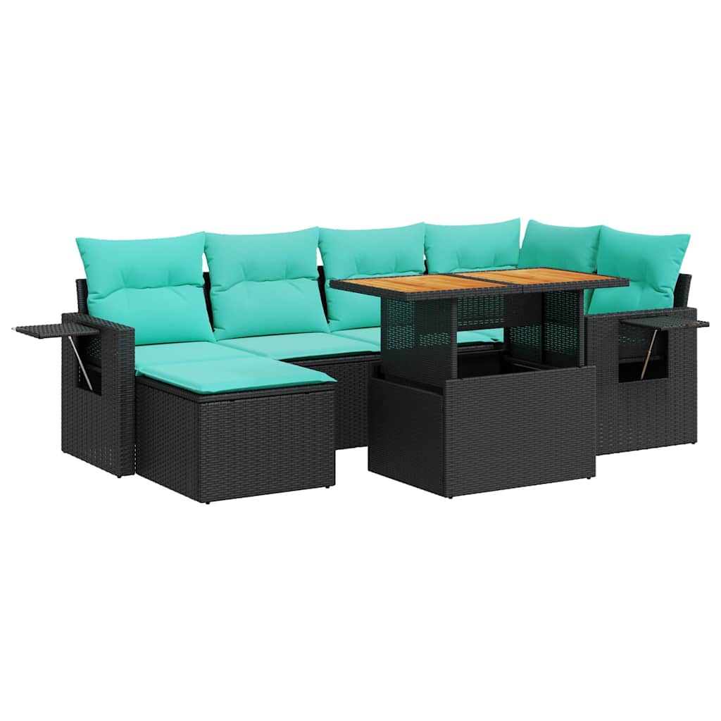 7 Piece Patio Sofa Set with Cushions Black Poly Rattan