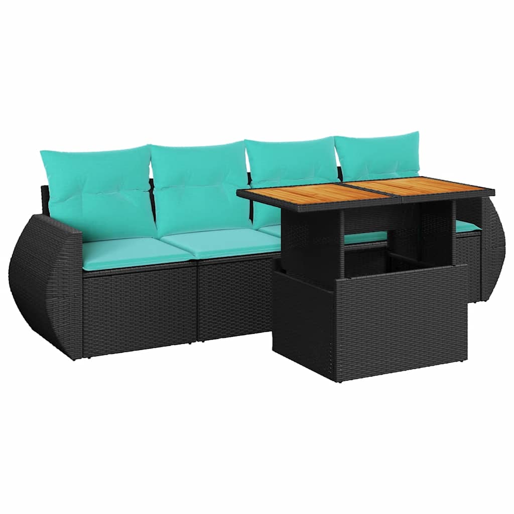 5 Piece Patio Sofa Set with Cushions Black Poly Rattan