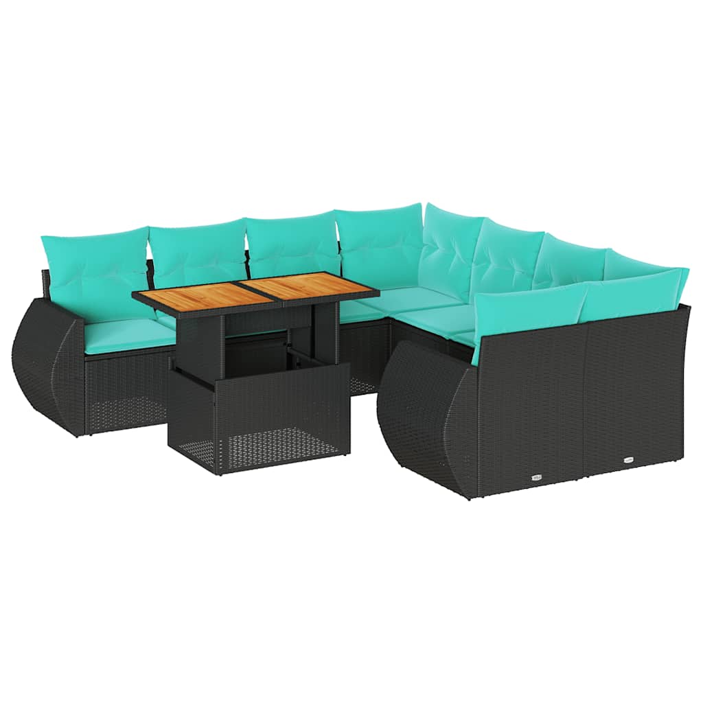 9 Piece Patio Sofa Set with Cushions Black Poly Rattan