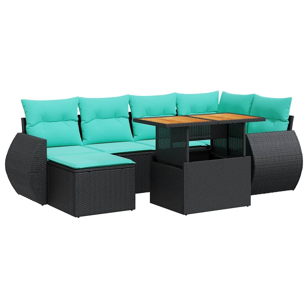 7 Piece Patio Sofa Set with Cushions Black Poly Rattan