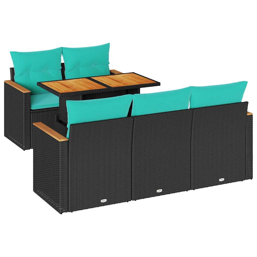 6 Piece Patio Sofa Set with Cushions Black Poly Rattan