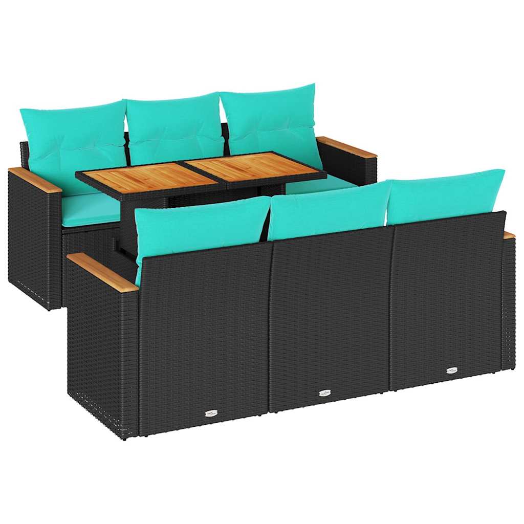 7 Piece Patio Sofa Set with Cushions Black Poly Rattan