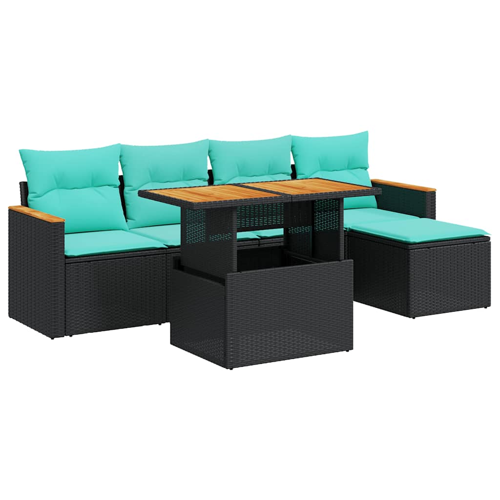 6 Piece Patio Sofa Set with Cushions Black Poly Rattan